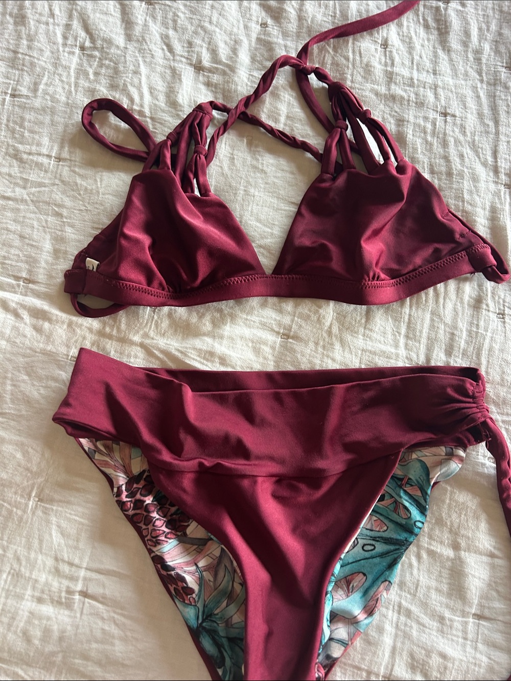 Women’s Burgundy Bikini Set - Triangle Top & Fold-Over Bottom